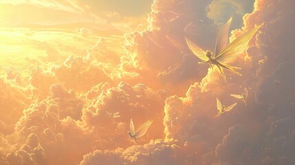 Poster -   A flock of birds soaring over a cloud of golden and orange hues, bathed in sunlight filtering through