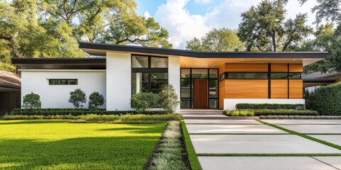 Poster - This stunning front view showcases a modern white brick home with dark wood accents and a stylish gable roof, beautifully positioned amidst the lush greenery typical of Beverly Hills