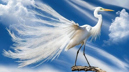 Poster -   A white bird with long feathers perched atop a branch against a backdrop of azure skies dotted with wispy clouds