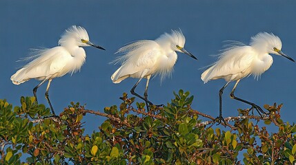 Canvas Print -   Three white birds perched on a green tree against a blue sky with leaves