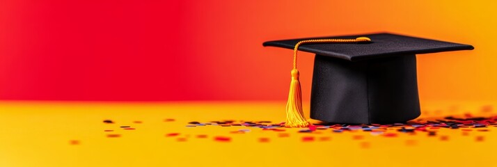 Graduation celebration concept with a cap and confetti scattered across a vibrant background symbolizing achievement and new beginnings