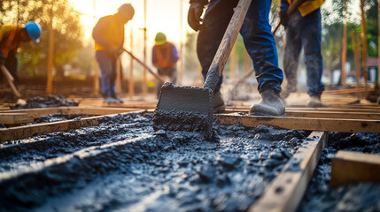 team of workers pouring concrete for a foundation, ensuring a strong base for the structure, foundat