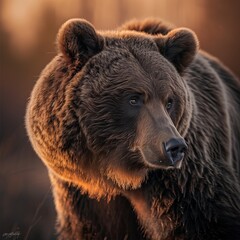 Wall Mural - close up graceful brown bear with a rich, textured coat and a curious expression, gently blurred natural habitat, warm, soft accentuating the bear s features and fur,