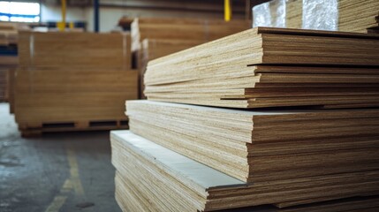 Wall Mural - Stack of Plywood Sheets in a Warehouse