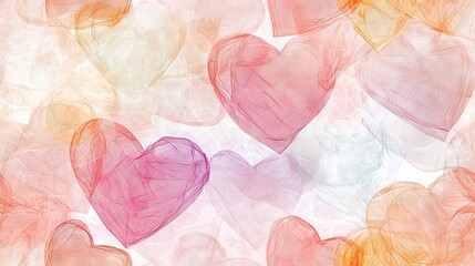   A group of heart-shaped balloons floats on a white and pink background, with a red and yellow heart on the left side