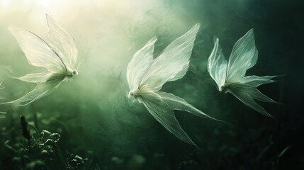 Poster -   A pair of white blooms rest atop a verdant field, bathed in golden rays filtering through the foliage