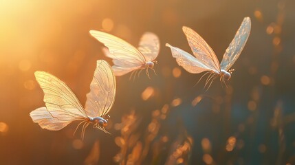 Poster -   A trio of white butterflies flutters through a sun-drenched sky as their iridescent wings catch the sunlight