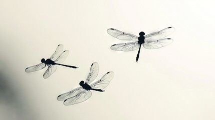 Sticker -   Black and white dragonflies flying in the sky, one flying away from the camera, the other flying away