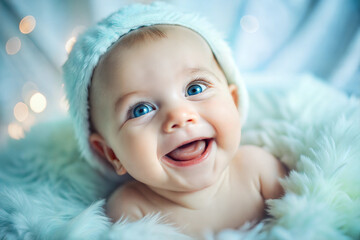 joyful baby with blue eyes smiling and playing on a fluffy white blanket with bokeh lights