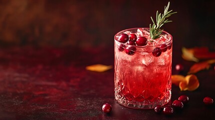 Wall Mural - A glass of cranberry punch garnished with rosemary and cranberries, placed on a dark burgundy background with autumnal accents