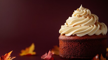 A pumpkin spice cake topped with cream cheese frosting, set against a deep burgundy background with golden autumn leaves