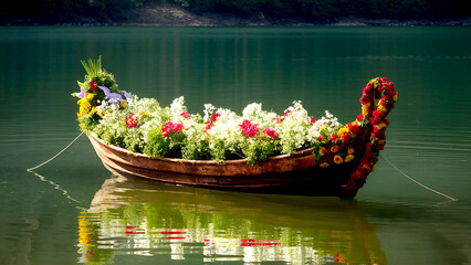 A Scenic View of a Decorative Boat Filled with Flowers, Gently Floating on the Calm Waters of a Lake