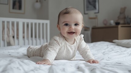 Poster - A baby smiling on a bed in front of the camera, AI