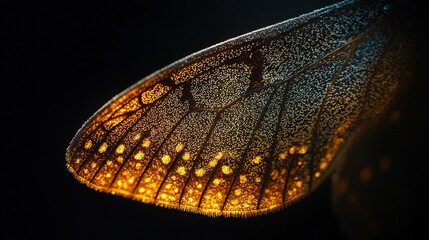 Canvas Print -   A close-up of a butterfly's wing with sunlight illuminating its texture against a black background