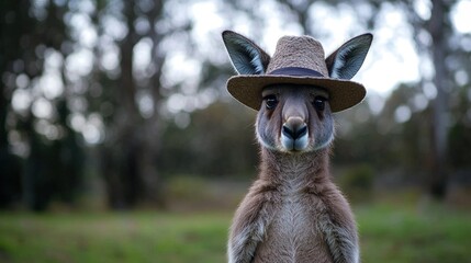   Kangaroo in hat with trees, grass background