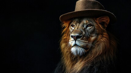 Sticker -   A close-up of a lion wearing a hat against a black background