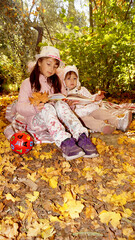 Two kids watching the book in autumn forest. High quality photo