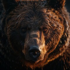 Wall Mural - close up majestic grizzly bear with a rich, glossy coat and expressive eyes, softly blurred wilderness, soft, natural creating a gentle glow on the bear s fur, early
