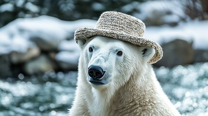 Poster -  Polar bear wearing a straw hat by water with rocks & trees