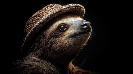 Wall Mural -   A closer look at a sloth wearing a hat, gazing skyward