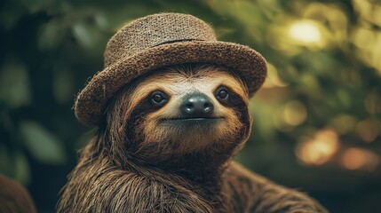   A close-up of a sloth wearing a hat on its head with a tree in the background