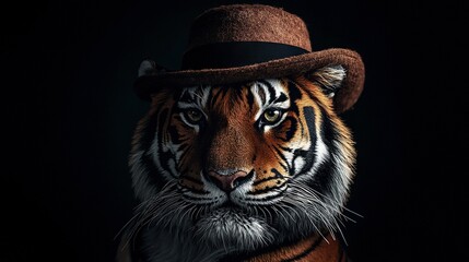 Poster -   A tiger wearing a fedora on its head with a hat on top of the fedora