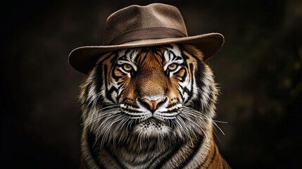 Poster -   A tiger wearing a fedora on its head with another fedora atop it