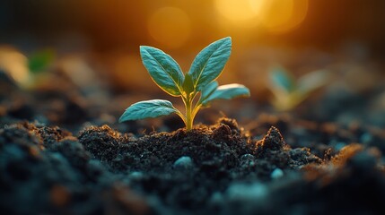 Poster - A New Beginning: Tiny Sapling Sprouting in Rich Soil at Golden Hour