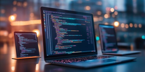 Laptop screens displaying colorful code, concept of software development.