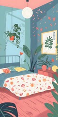 Wall Mural - Illustration of a Bedroom Interior with Plants and a Bed