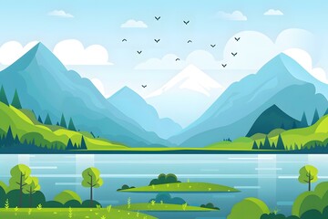 Poster - Flat Design Illustration of Green Mountains with a Lake