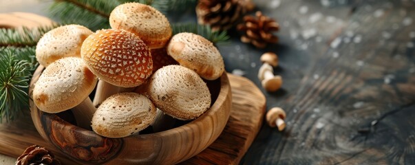 Wall Mural - Fresh, organic mushrooms in a rustic wooden bowl with evergreen branches, perfect for natural cooking. Free copy space for text.