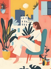 Wall Mural - Woman Sitting in a Chair by a Window, Looking Out at the City