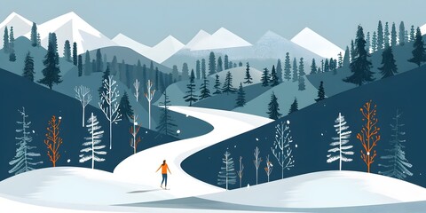 Wall Mural - Woman Walking on Snowy Path in Winter Mountain Landscape