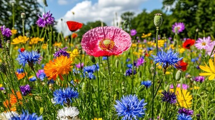 Poster -   A vibrant meadow brimming with hues under a cerulean canopy, dotted with wispies