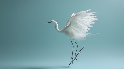 Poster -   A white bird perched on a twig with spread-out wings and legs against a blue backdrop