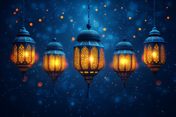 Eid al Fitr greeting with lanterns on a dark blue background, depicting a traditional and cultural celebration in the Muslim community.