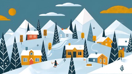 Canvas Print - Winter Village Landscape With A Woman Skiing