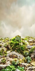 Green Succulents on Rocks with Cloudy Sky Background