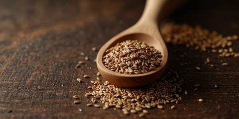 Natural Flaxseeds on Wood Background with Copy Space.