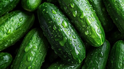 Wall Mural -   A green cucumber pile with water droplets on its surface