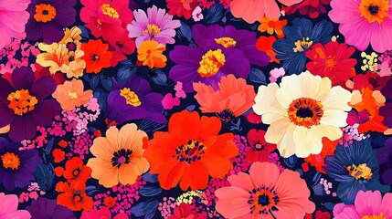 Canvas Print -   A bouquet of colorful flowers arranged in a floral pattern against a backdrop of blue and pink with red, orange, pink, and white blooms