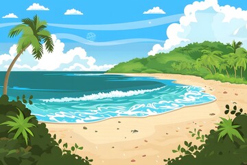 Sticker - Tropical Beach with Palm Trees and Blue Water