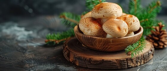 Wall Mural - Fresh, organic mushrooms in a rustic wooden bowl with evergreen branches, perfect for natural cooking. Free copy space for text.