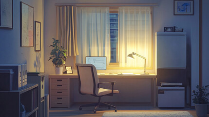 Create in a minimalist office room with a work desk and a comfy chair, the ambiance enhanced by soft, relaxing lo-fi music in a peaceful environment 