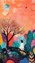 Wall Mural - Woman Walking Through A Colorful Forest Illustration