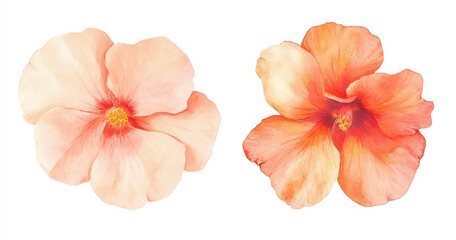 Watercolor painting of two different isolated peach-colored begonia flowers on a white background