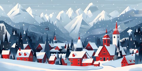 Canvas Print - Winter Wonderland Village Illustration with Snowy Mountains