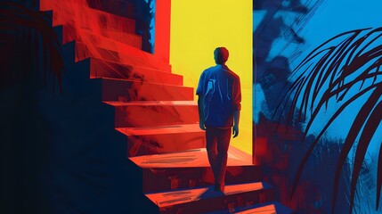 Canvas Print - Man Walking Up Stairs Towards Light