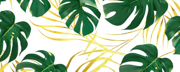 Tropical plant leaves on a bright background showcasing lush green foliage with golden accents, perfect for a vibrant interior decor